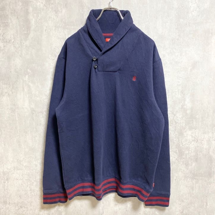 古着 used　IZOD　長袖スウェット　トレーナー　ショールカラー　ダブルカラー　ロゴ刺繍　ネイビー　紺　秋冬服　Lサイズ