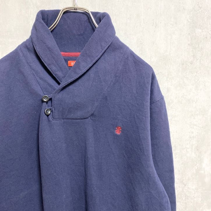 古着 used　IZOD　長袖スウェット　トレーナー　ショールカラー　ダブルカラー　ロゴ刺繍　ネイビー　紺　秋冬服　Lサイズ