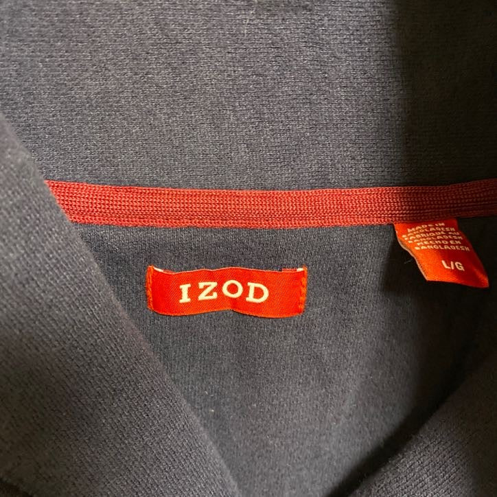 古着 used　IZOD　長袖スウェット　トレーナー　ショールカラー　ダブルカラー　ロゴ刺繍　ネイビー　紺　秋冬服　Lサイズ