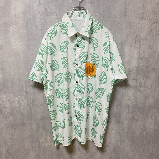 古着 used　半袖総柄シャツ　アロハシャツ　白　緑　葉っぱ柄　リーフ柄　緑　白　ヴィンテージ　vintage　Lサイズ