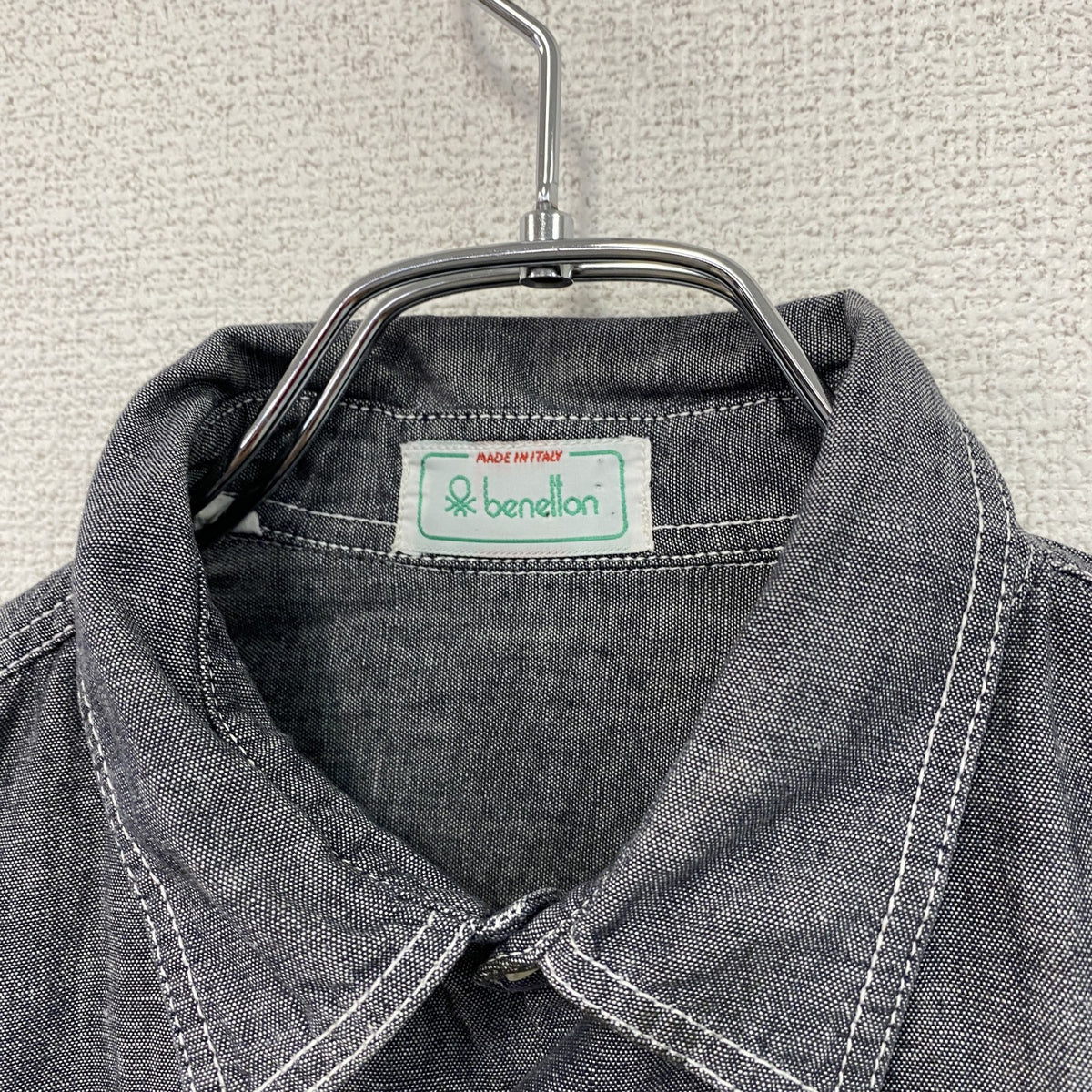 90s　BENETTON　ベネトン　長袖シャンブレーシャツ　ジップポケット　2つポケット　ヴィンテージ　灰色　グレー　Sサイズ　古着