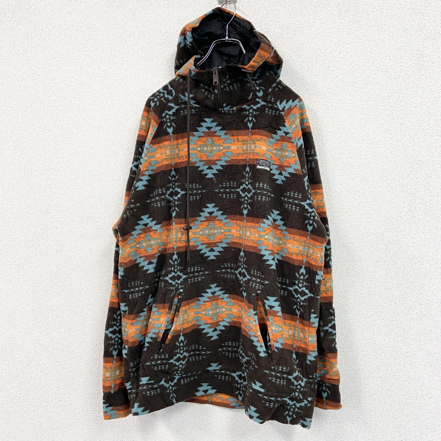 FREE NATURE　フリースパーカー　ジップ付き　ネイティブ柄　総柄　茶色　ブラウン　XLサイズ