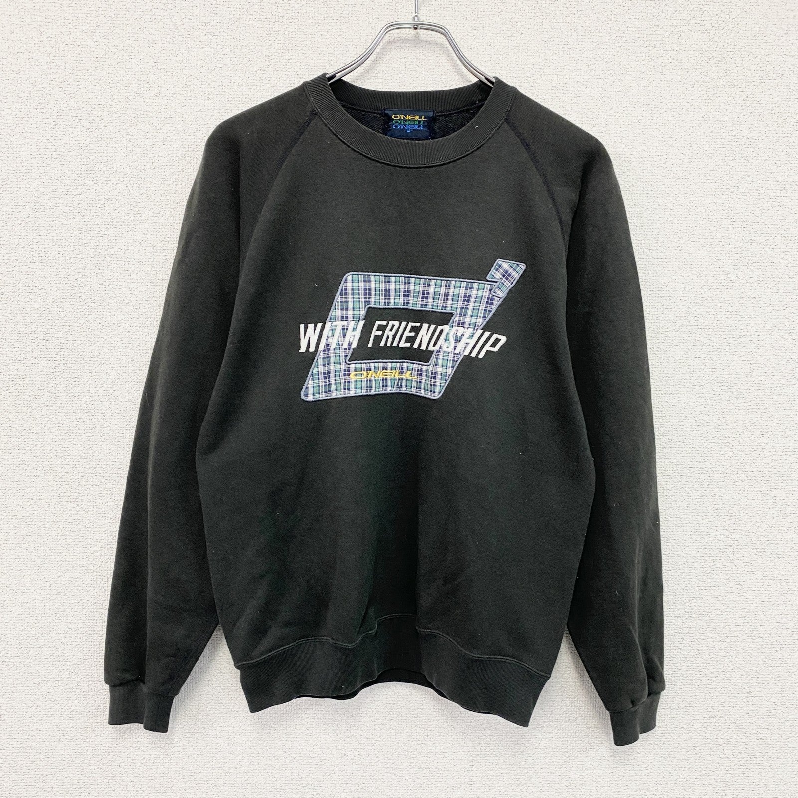 90s　O'NEILL With Friendship　オニール　スウェット/トレーナー　ラグランスリーブ　黒　ブラック　Mサイズ　　ヴィンテージ　古着
