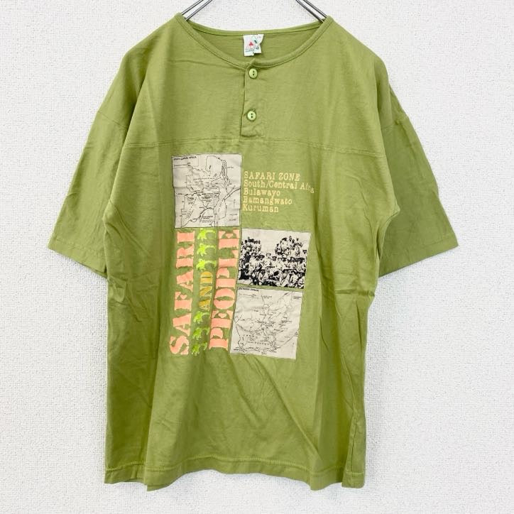 半袖プリントTシャツ　レトロデザイン　SAFARI ZONE　地図　クルーネック　緑　グリーン　Mサイズ　古着