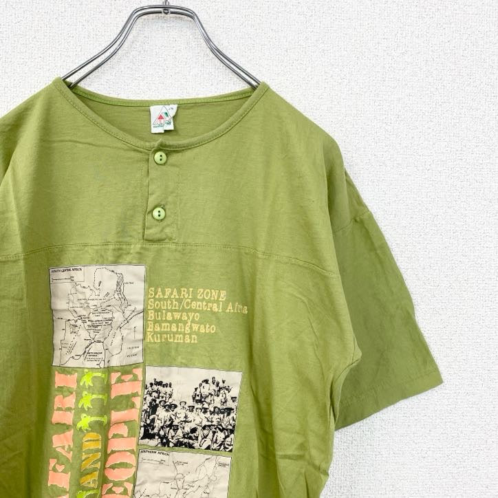 半袖プリントTシャツ　レトロデザイン　SAFARI ZONE　地図　クルーネック　緑　グリーン　Mサイズ　古着