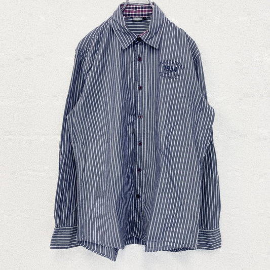 古着　used　LIV　ESSENTIALS　長袖シャツ　ストライプ柄　グレー　白　ホワイト　レトロデザイン　Lサイズ