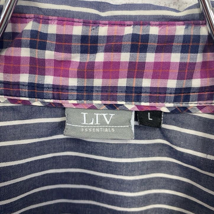 LIV　ESSENTIALS　長袖シャツ　ストライプ柄　グレー　灰色　白　ホワイト　レトロデザイン　Lサイズ　古着