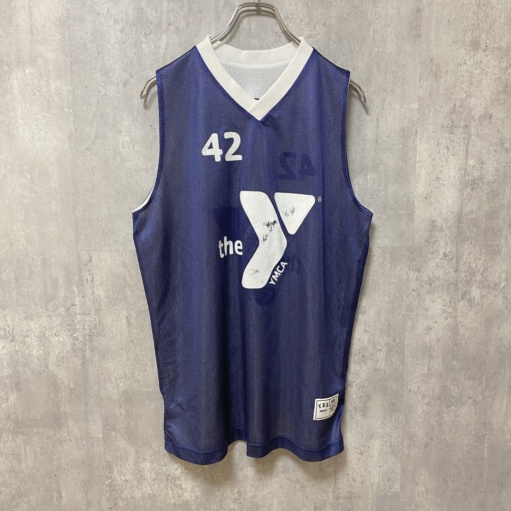 YBA　Vネックプリントゲームタンクトップシャツ　ノースリーブ　バックプリント　42　ネイビー　紺　Mサイズ　古着