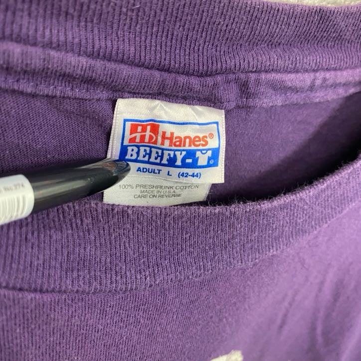 Hanes　ヘインズ　半袖プリントTシャツ　ヴィンテージ　シングルステッチ　紫　パープル　Lサイズ カットソー メンズ コットン 古着