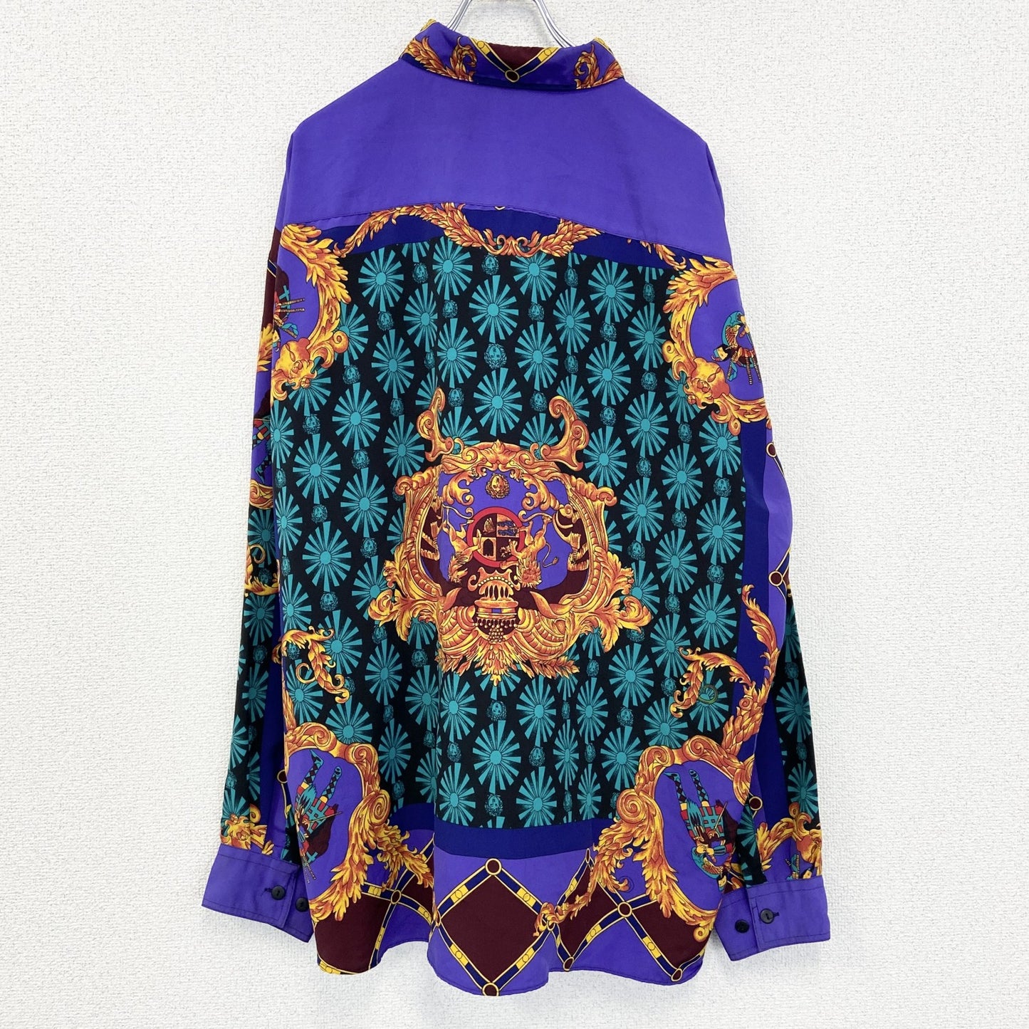 古着 used　ARMSTRONG　長袖総柄シャツ　パープル　紫　幾何学模様　マルチカラー　レトロデザイン　XLサイズ