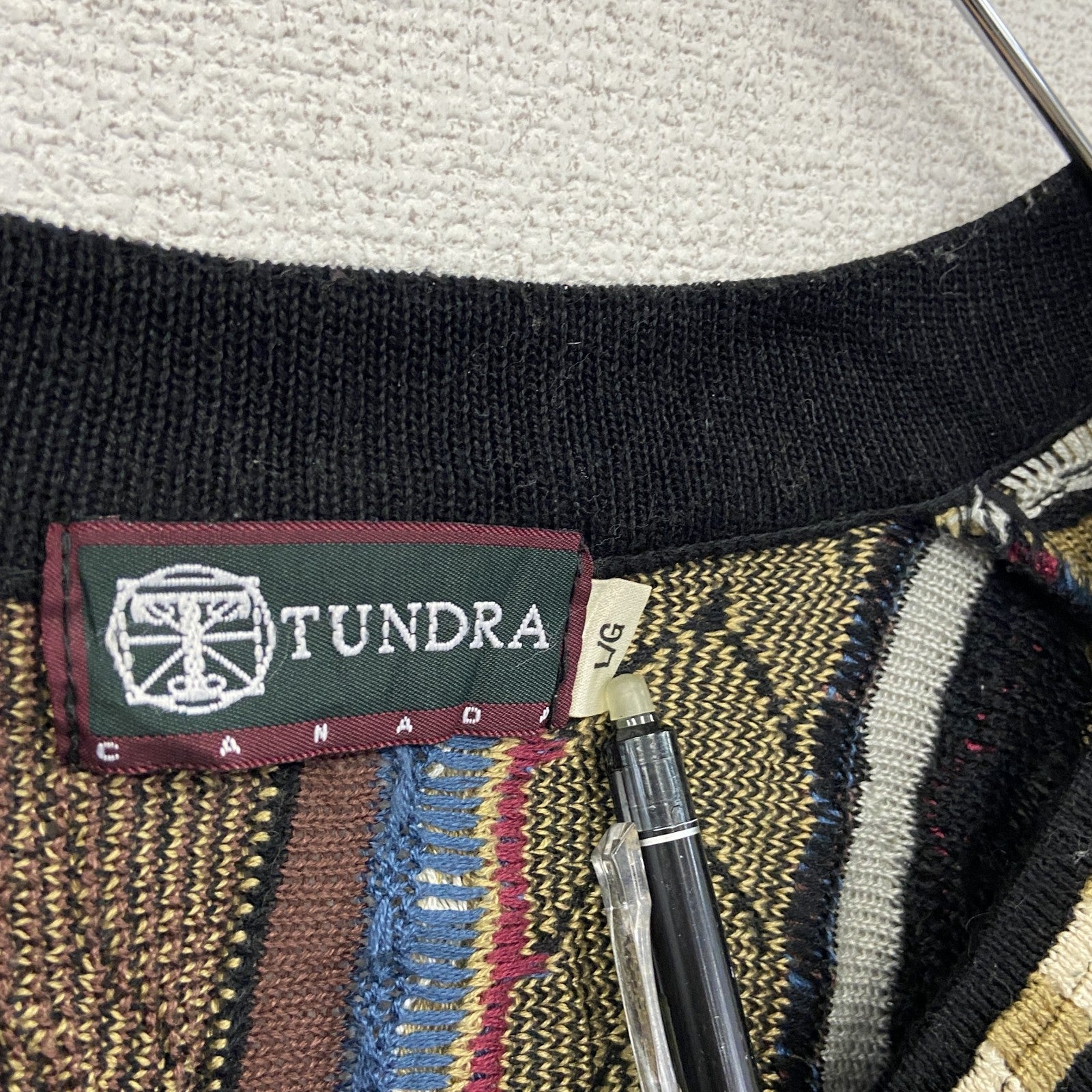 ～00s　TUNDRA　COOGI風コットンニットセーター　3Dニット　ヴィンテージ　Vネック　総柄　マルチカラー　Lサイズ　古着