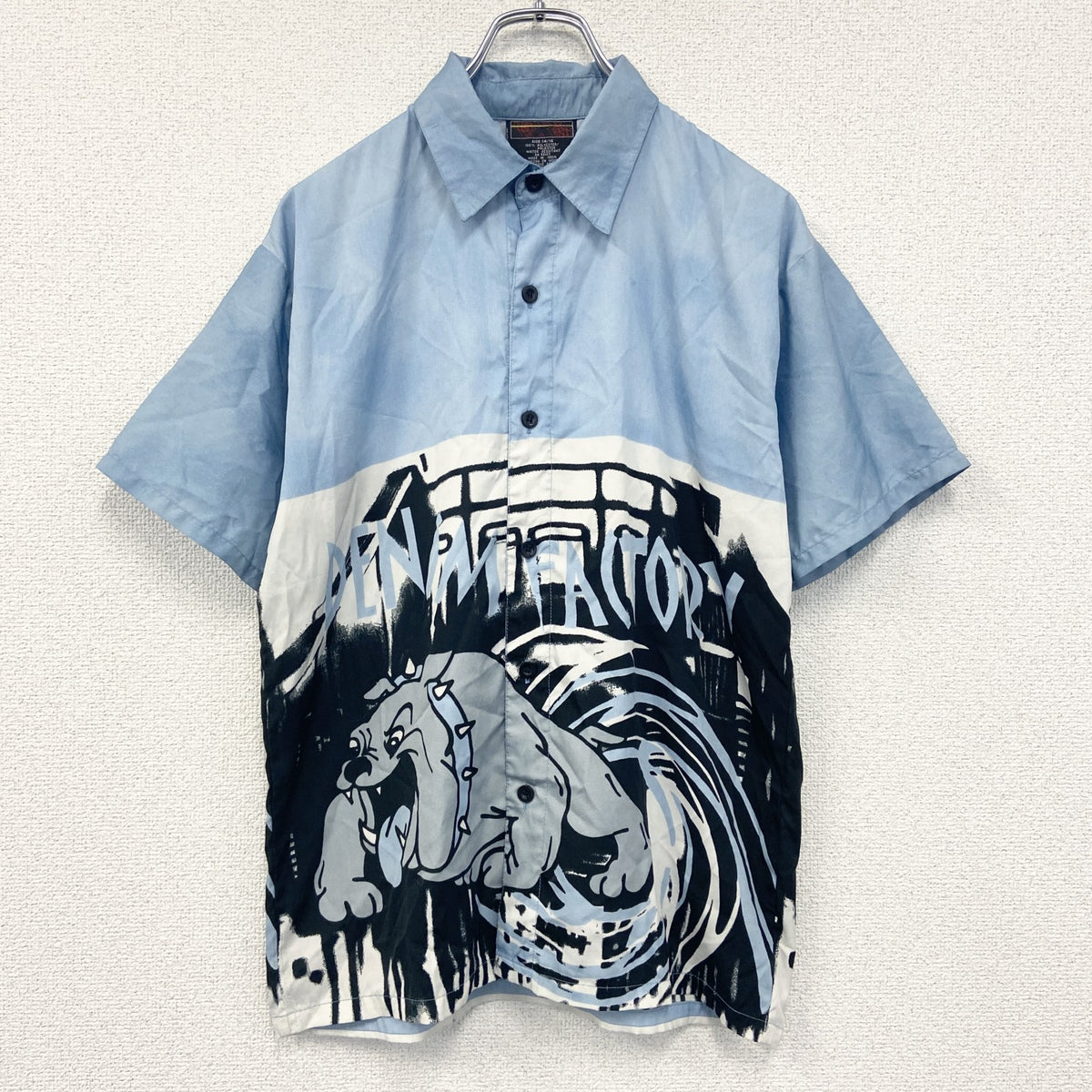 Urban　半袖デザインシャツ　ライトブルー　水色　レトロデザイン　総柄　個性的　夏物　XSサイズ　古着