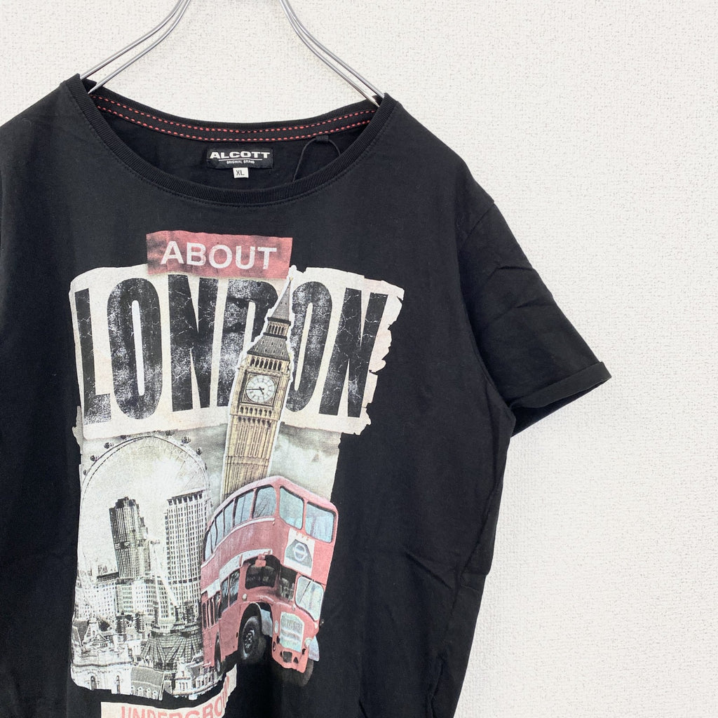 半袖プリントTシャツ　レトロデザイン　クルーネック　イギリス　London　ビックベン　黒　ブラック　XLサイズ　古着