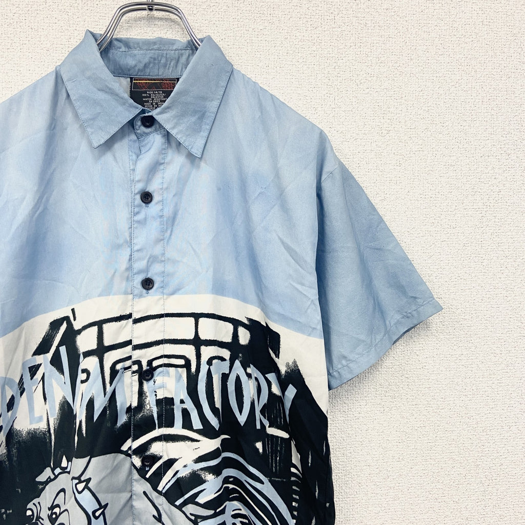 Urban　半袖デザインシャツ　ライトブルー　水色　レトロデザイン　総柄　個性的　夏物　XSサイズ　古着