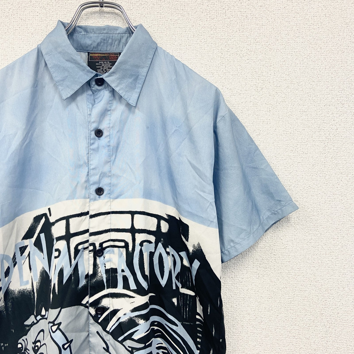 Urban　半袖デザインシャツ　ライトブルー　水色　レトロデザイン　総柄　個性的　夏物　XSサイズ　古着