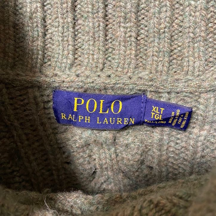 古着 used　Polo Ralph Lauren　ポロラルフローレン　ケーブルニットセーター　ショールカラー　カーキ　XLサイズ