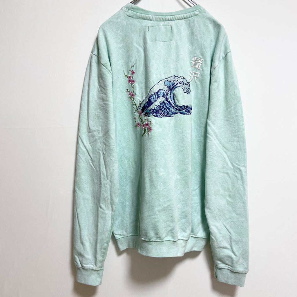 BlindRooster　長袖刺繍画スウェット　トレーナー　波　海　ライトグリーン　ビッグシルエット　XLサイズ　古着