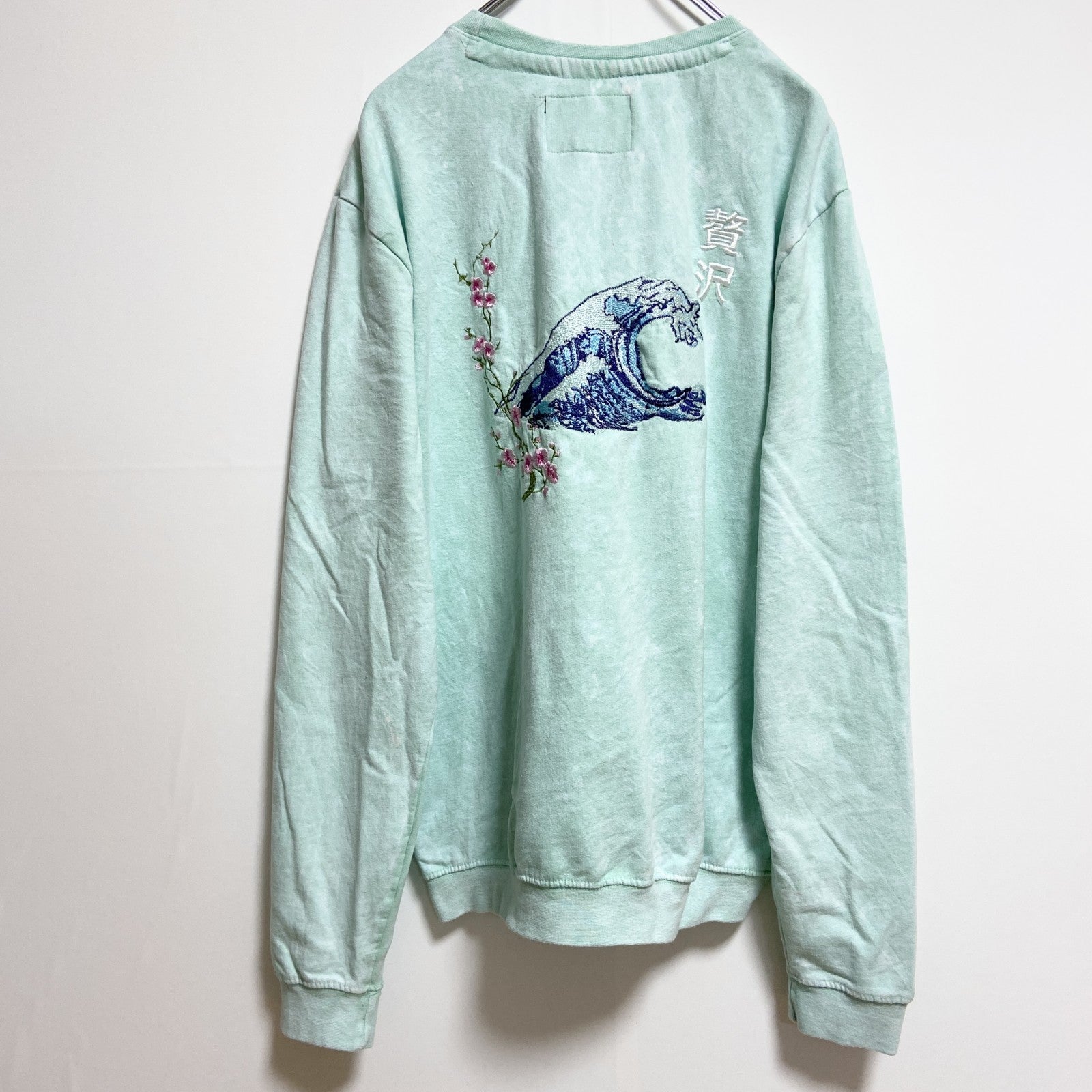 BlindRooster　長袖刺繍画スウェット　トレーナー　波　海　ライトグリーン　ビッグシルエット　XLサイズ　古着