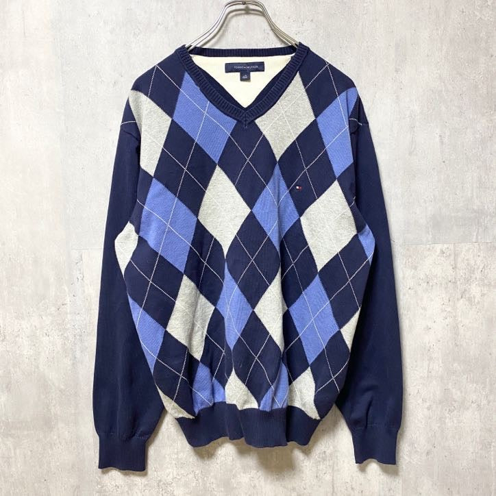 TOMMY HILFIGER トミーヒルフィガー　長袖アーガイル柄ニット　セーター　ロゴ刺繍　ネイビー　紺　Lサイズ　古着