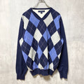 TOMMY HILFIGER トミーヒルフィガー　長袖アーガイル柄ニット　セーター　ロゴ刺繍　ネイビー　紺　Lサイズ　古着