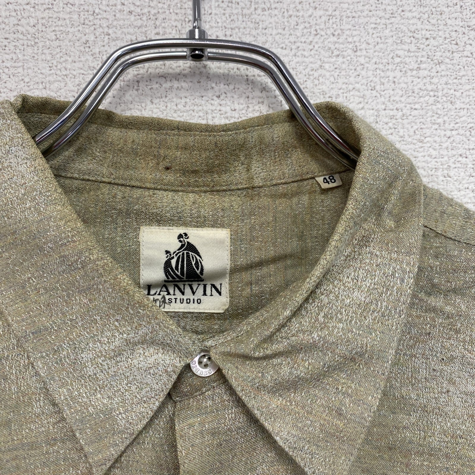 LANVIN　ランバン　長袖シャツ　オンブレチェック柄　無地　胸ポケット　カーキ　ベージュ　48サイズ　古着