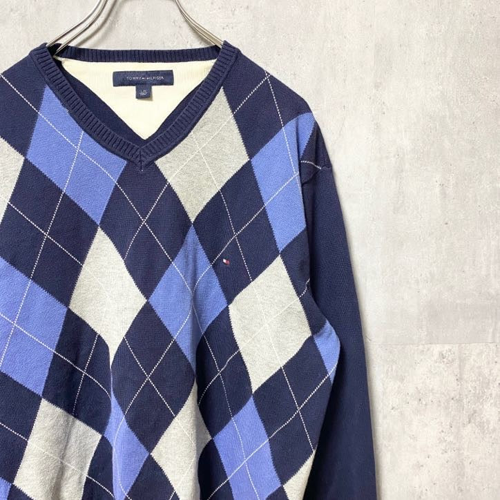 TOMMY HILFIGER トミーヒルフィガー　長袖アーガイル柄ニット　セーター　ロゴ刺繍　ネイビー　紺　Lサイズ　古着