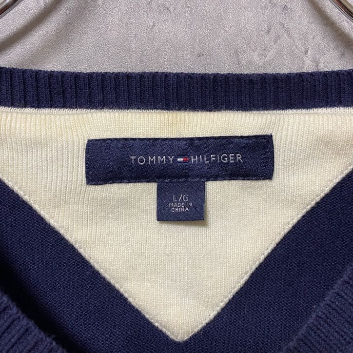 TOMMY HILFIGER トミーヒルフィガー　長袖アーガイル柄ニット　セーター　ロゴ刺繍　ネイビー　紺　Lサイズ　古着