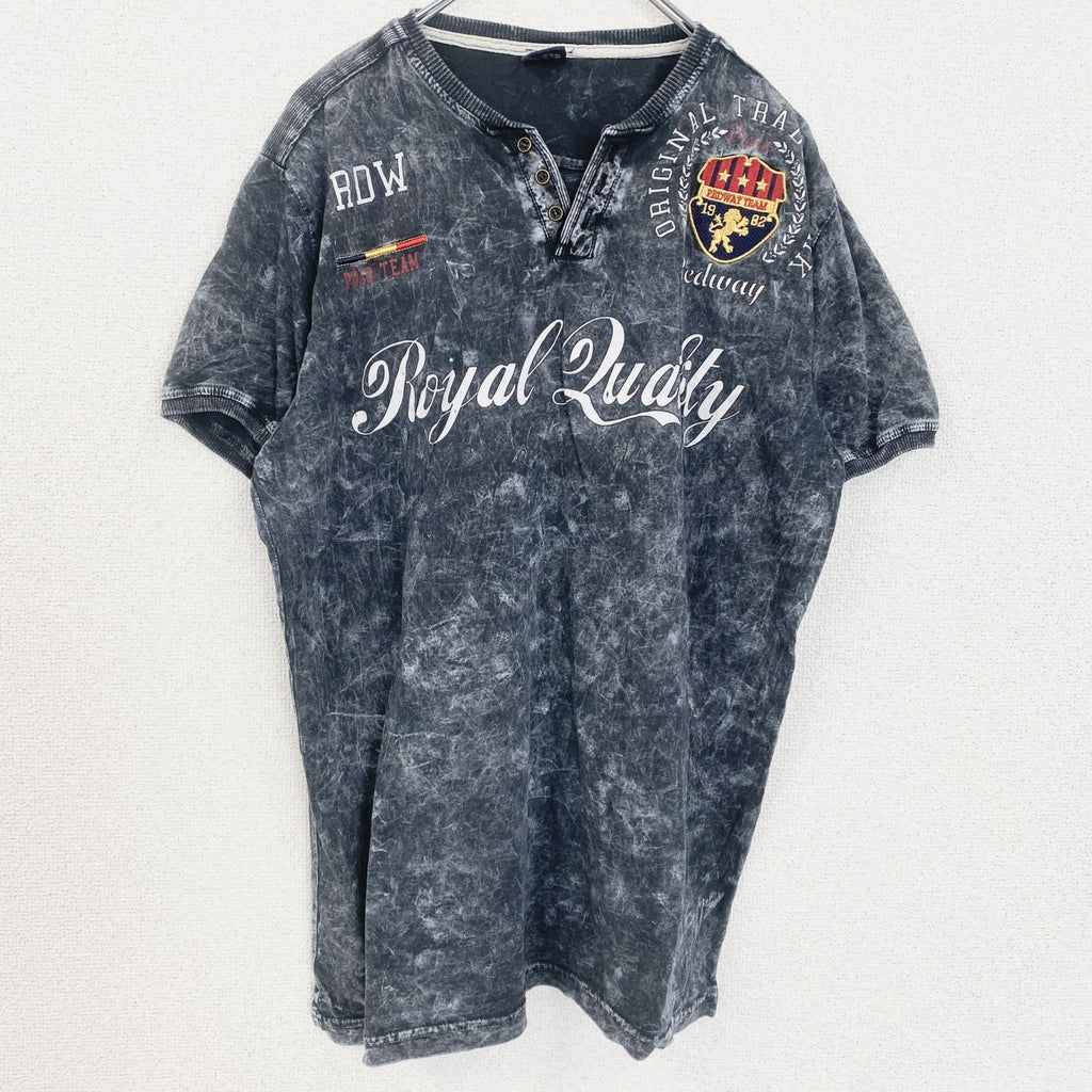 REDWAY　半袖プリントヘンリーネックTシャツ　ゲームシャツ　ワッペン　アーチプリント　タイダイ柄　ダークグレー　XXLサイズ　古着