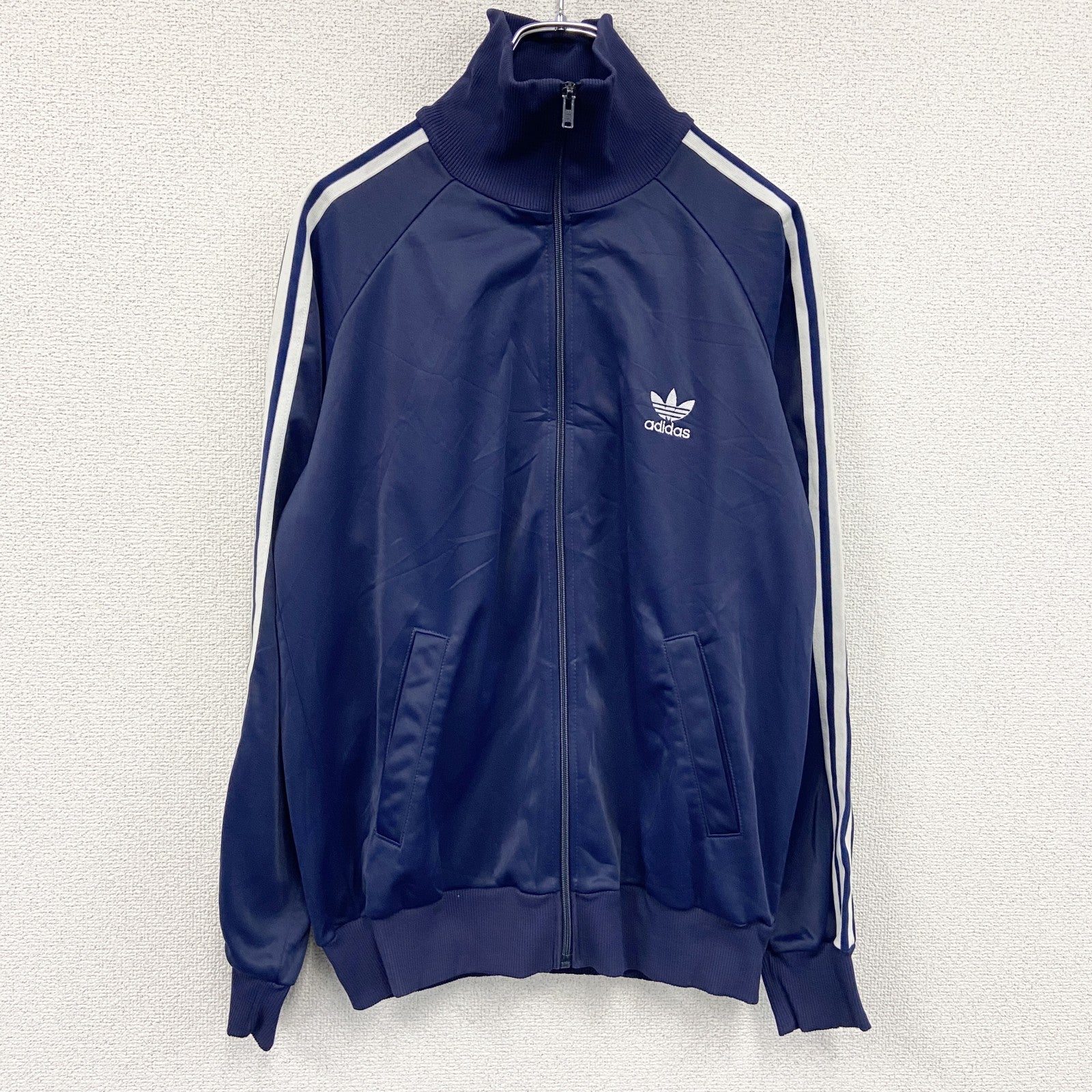 80s　adidas　アディダス　トラックジャケット/ジャージ　フロッキープリント　トレフォイルロゴ　紺　ネイビー　Mサイズ　　ヴィンテージ　古着