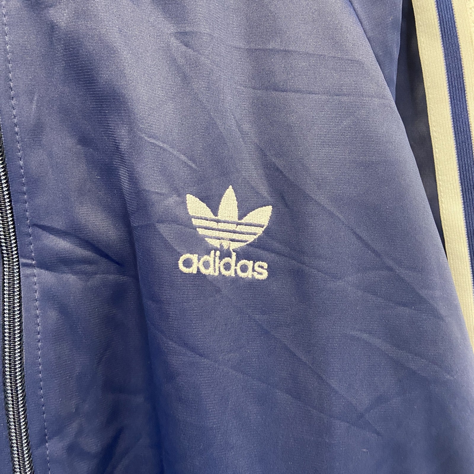 80s　adidas　アディダス　トラックジャケット/ジャージ　フロッキープリント　トレフォイルロゴ　紺　ネイビー　Mサイズ　　ヴィンテージ　古着