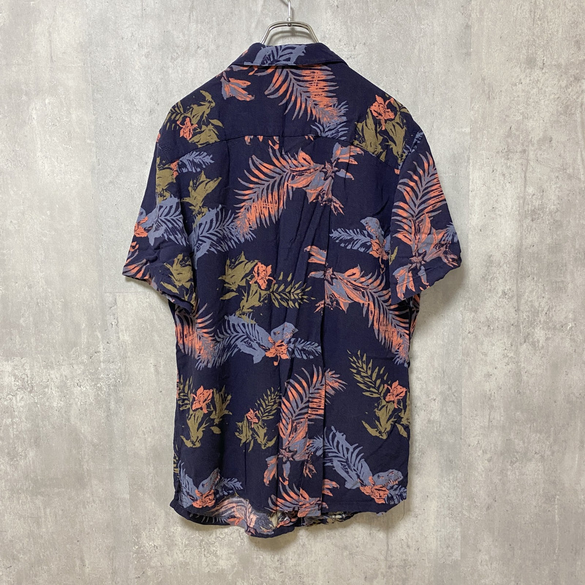 半袖総柄シャツ　アロハ柄　ネイビー　紺　開襟　ビッグシルエット　オーバーサイズ　ヴィンテージ　XLサイズ　古着