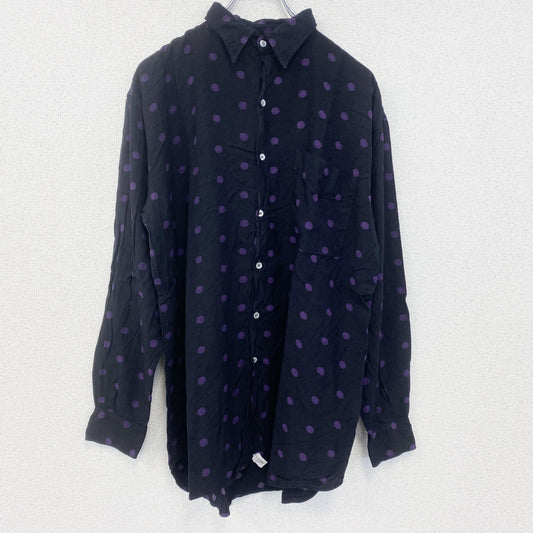 古着 used　COPY RIGHT　長袖プリント柄シャツ　ドット　水玉　レトロデザイン　胸ポケット　黒　ブラック　紫　パープル