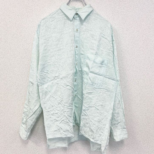 古着 used　DIVISION　長袖プリント柄シャツ　レトロデザイン　胸ポケット　古代文字　水色　ミントグリーン　Mサイズ