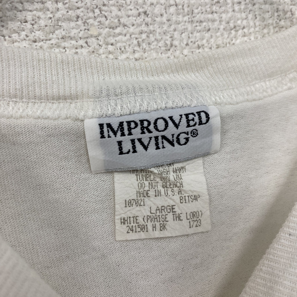 IMPROVED LIVING　半袖プリントTシャツ　シングルステッチ　白　ホワイト　Lサイズ カットソー メンズ 古着
