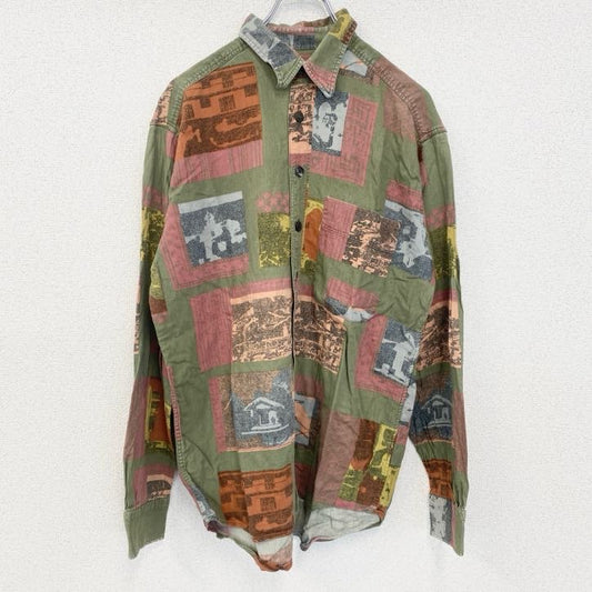 古着 used　SADEcut　長袖プリント柄シャツ　レトロデザイン　胸ポケット　カジュアル　グリーン　カーキ　