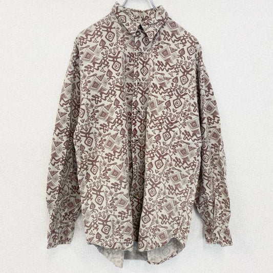 古着 used　長袖プリント柄シャツ　総柄　古代文字　カジュアル　胸ポケット　レトロデザイン　ベージュ　赤　Lサイズ