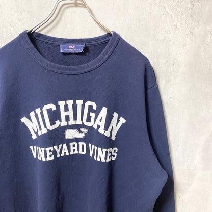 古着 used　vineyard vines　MICHIGAN　長袖プリントクルーネックスウェット　トレーナー　ネイビー　Lサイズ