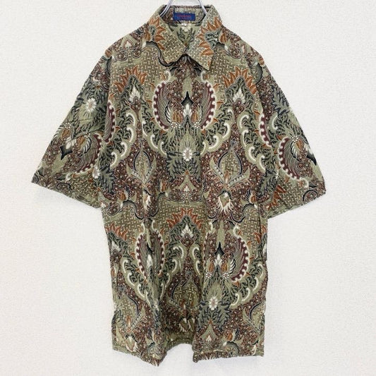 古着 used　Singapore　半袖プリント柄シャツ　総柄　バティックシャツ　レトロデザイン　民族　幾何学　緑　グリーン