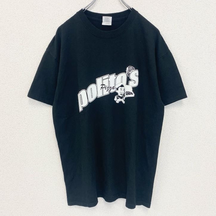 GILDAN　ギルダン 　半袖クルーネックTシャツ　バックプリント　PIZZA　ピザ　politos　黒　ブラック　Lサイズ　古着
