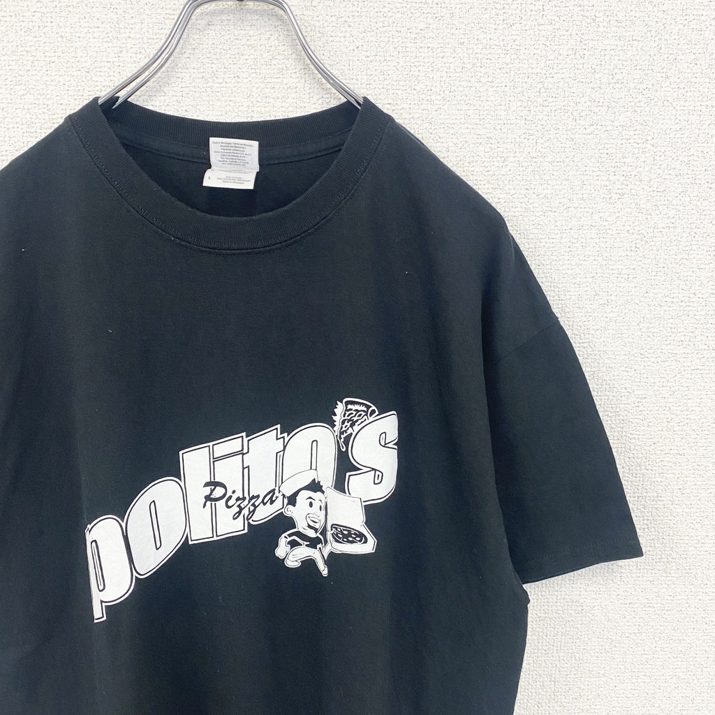GILDAN　ギルダン 　半袖クルーネックTシャツ　バックプリント　PIZZA　ピザ　politos　黒　ブラック　Lサイズ　古着