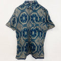 IKAT BALI　半袖プリント柄シャツ　総柄　エスニック　レトロデザイン　胸ポケット　ブルー　青　Mサイズ　　古着
