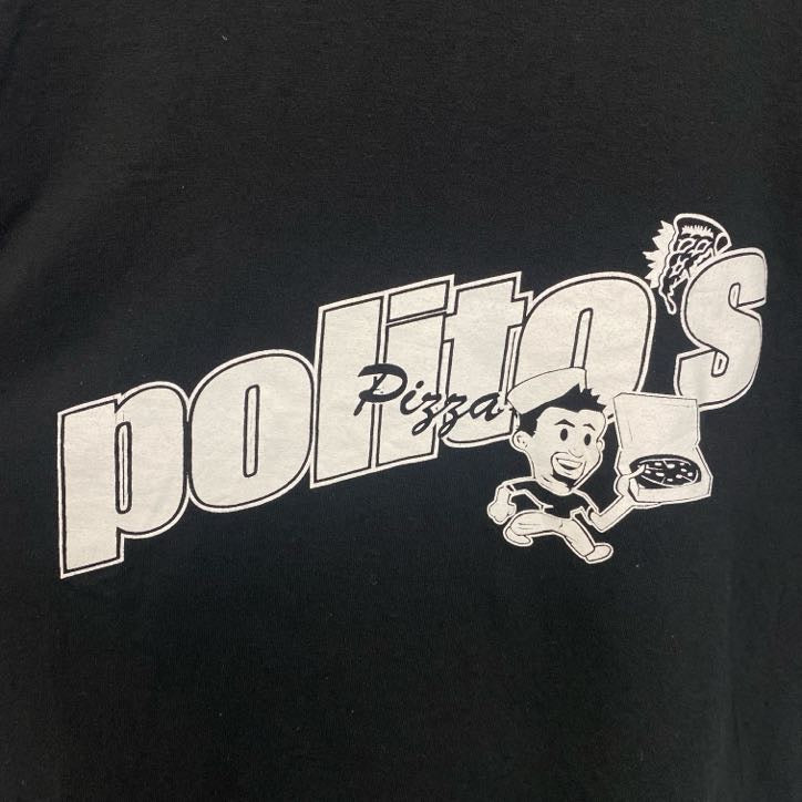 GILDAN　ギルダン 　半袖クルーネックTシャツ　バックプリント　PIZZA　ピザ　politos　黒　ブラック　Lサイズ　古着