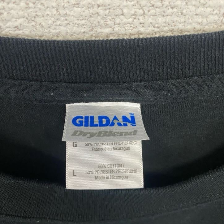 GILDAN　ギルダン 　半袖クルーネックTシャツ　バックプリント　PIZZA　ピザ　politos　黒　ブラック　Lサイズ　古着