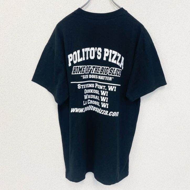 GILDAN　ギルダン 　半袖クルーネックTシャツ　バックプリント　PIZZA　ピザ　politos　黒　ブラック　Lサイズ　古着