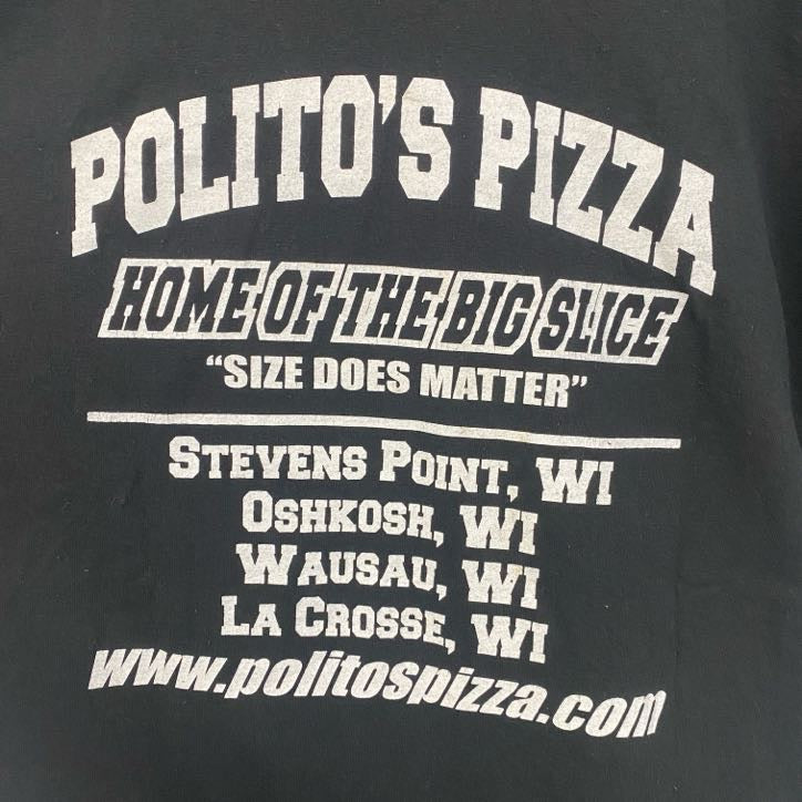 GILDAN　ギルダン 　半袖クルーネックTシャツ　バックプリント　PIZZA　ピザ　politos　黒　ブラック　Lサイズ　古着