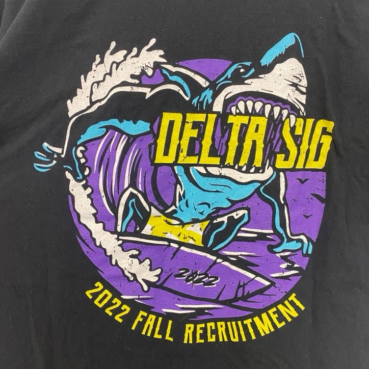 GILDAN　ギルダン　半袖デザインTシャツ　バックプリント　サメ　DELTA SIG　黒　ブラック　Mサイズ　古着