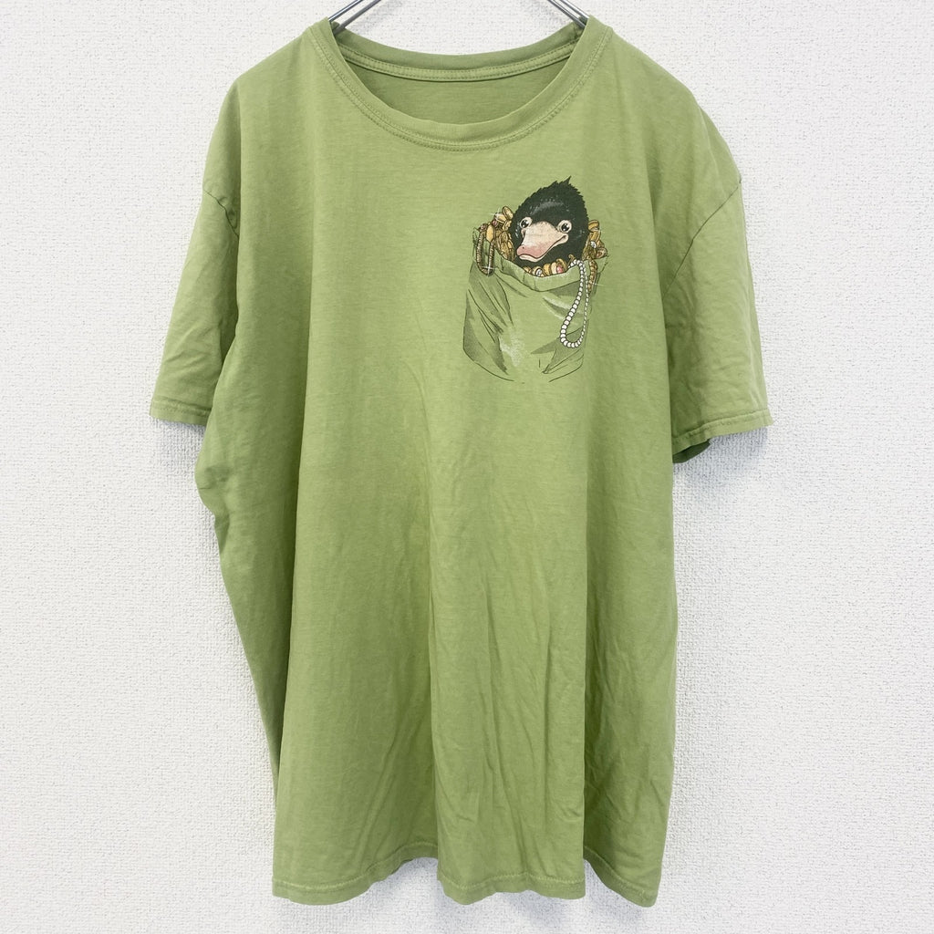 半袖アニマルプリントTシャツ　カモノハシ　黄緑　ライトグリーン　クルーネック　レトロデザイン　古着