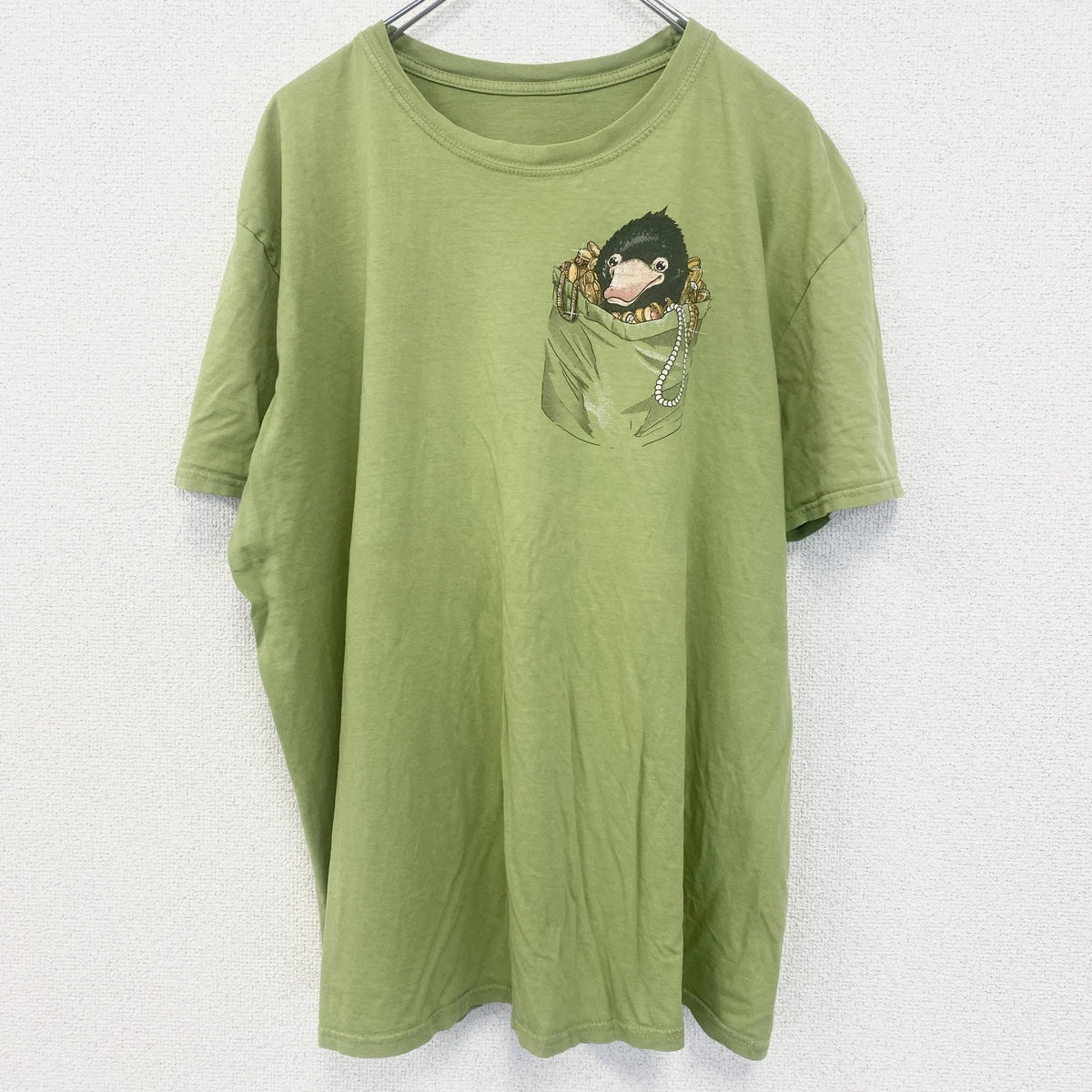 半袖アニマルプリントTシャツ　カモノハシ　黄緑　ライトグリーン　クルーネック　レトロデザイン　古着