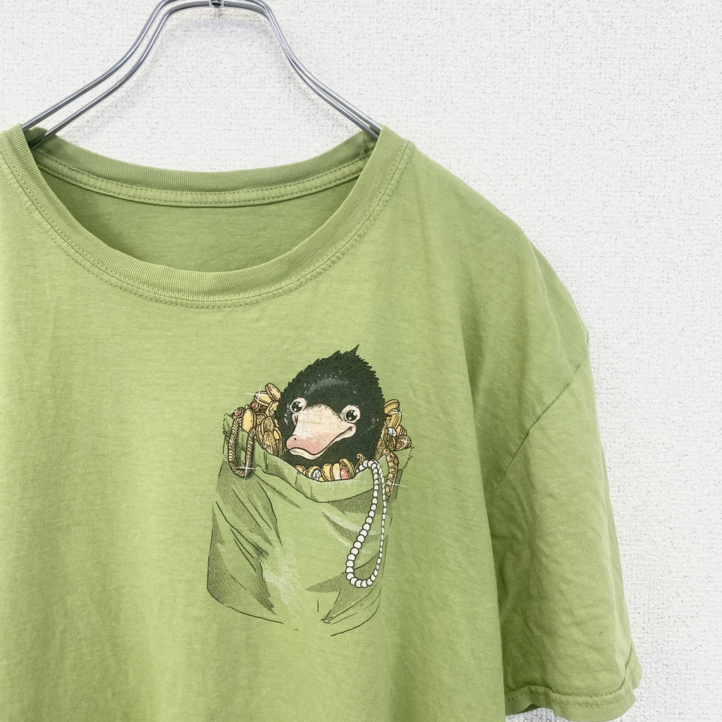 半袖アニマルプリントTシャツ　カモノハシ　黄緑　ライトグリーン　クルーネック　レトロデザイン　古着