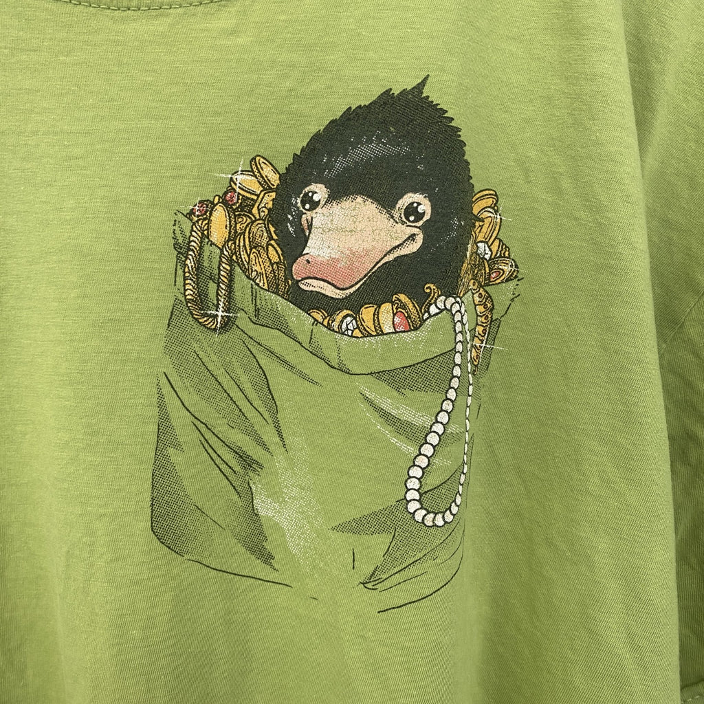 半袖アニマルプリントTシャツ　カモノハシ　黄緑　ライトグリーン　クルーネック　レトロデザイン　古着